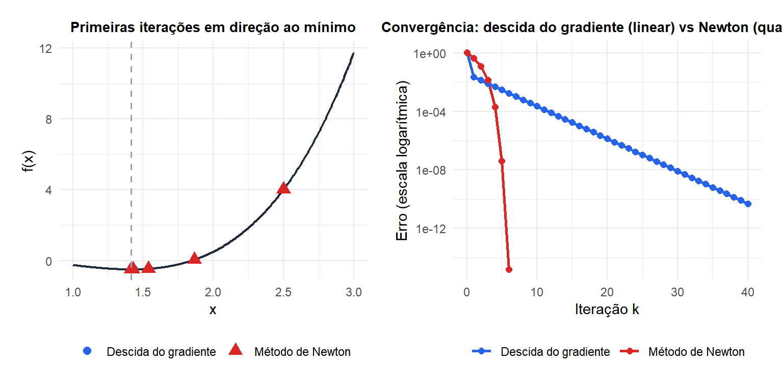 Curvas de convergência em escala logarítmica comparando descida do gradiente e método de Newton mostrando convergência quadrática vs linear